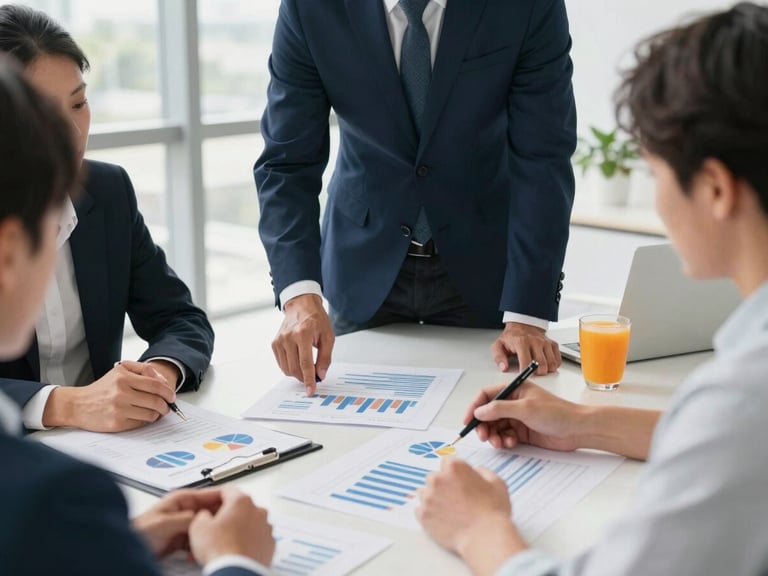 Business owners collaborating around a table, reviewing financial reports and strategic plans, modern office setting, bright natural light.