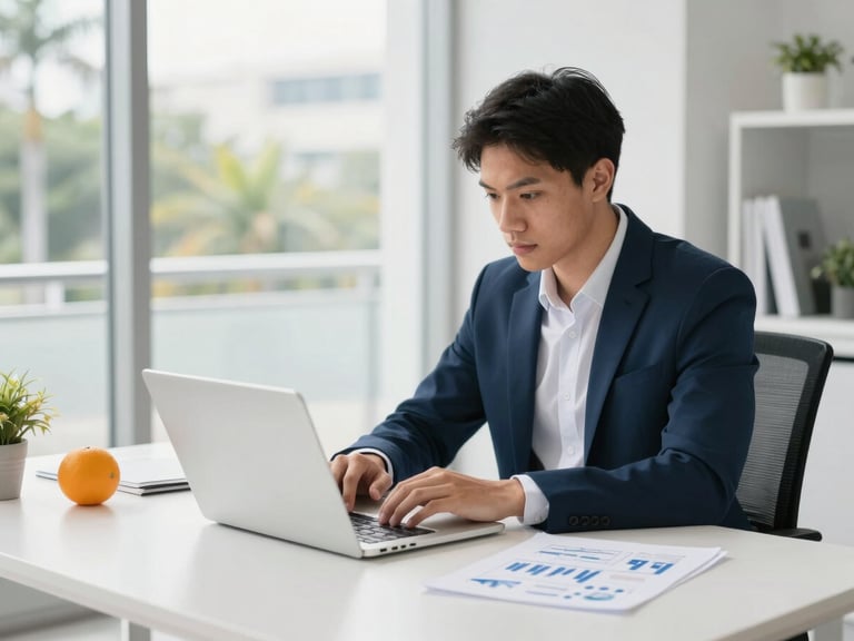 Young professional at a clean desk, focused on a laptop with business diagrams, natural Florida daylight, modern and energetic.