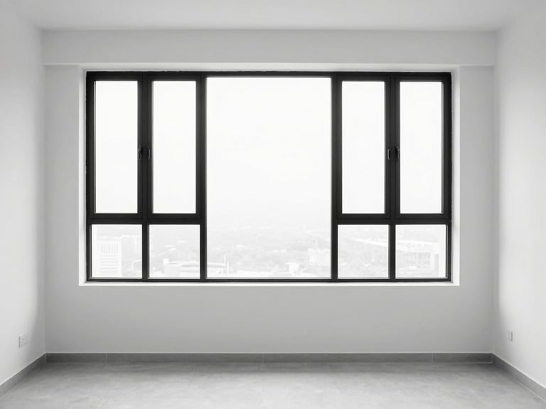 Straight-on architectural shot of a minimalist Kuala Lumpur living room, pristine white surfaces, high-key natural daylight, sharp black metal window frames, crisp black and white tones.