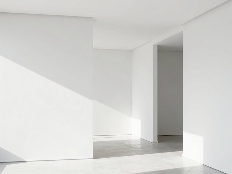 Minimalist clean apartment interior, bright high-key natural daylight, sharp architectural focus, 35mm lens