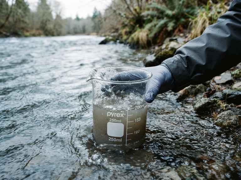A close-up photograph of a scientific glass beaker collecting river water, natural overcast daylight, desaturated cool blues and slate grays, 35mm lens.