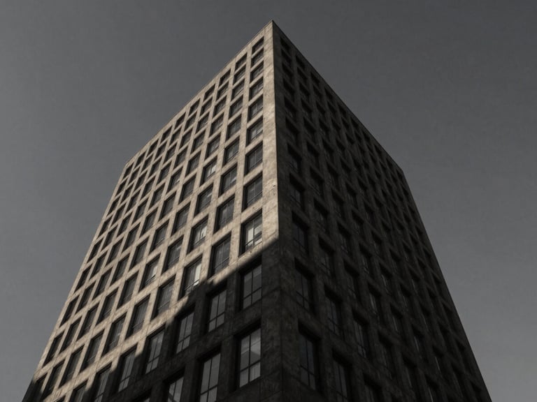 Wide-angle exterior shot of a tall, dark concrete office tower, harsh geometric shadows across its facade, against a moody sky, desaturated charcoal tones.