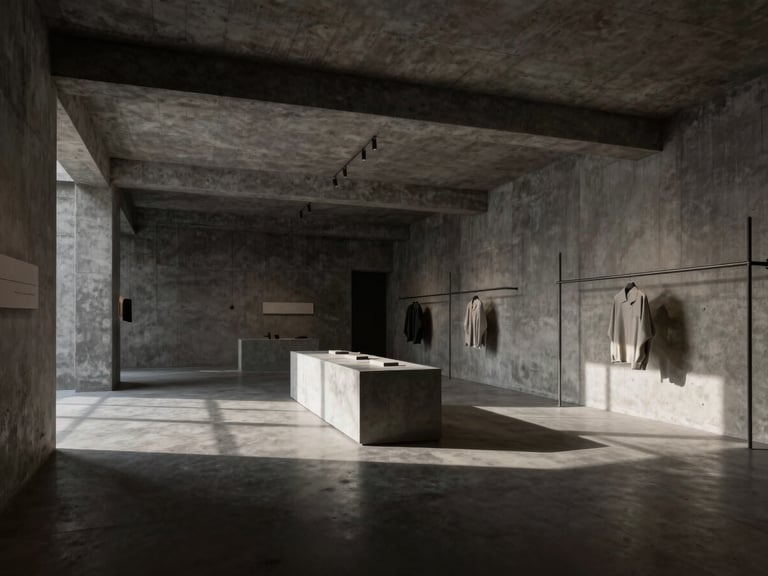 Interior wide-angle shot of a high-end retail gallery, exposed concrete walls and ceiling, minimalist display plinths, dramatic shadows from skylights, desaturated charcoal tones.