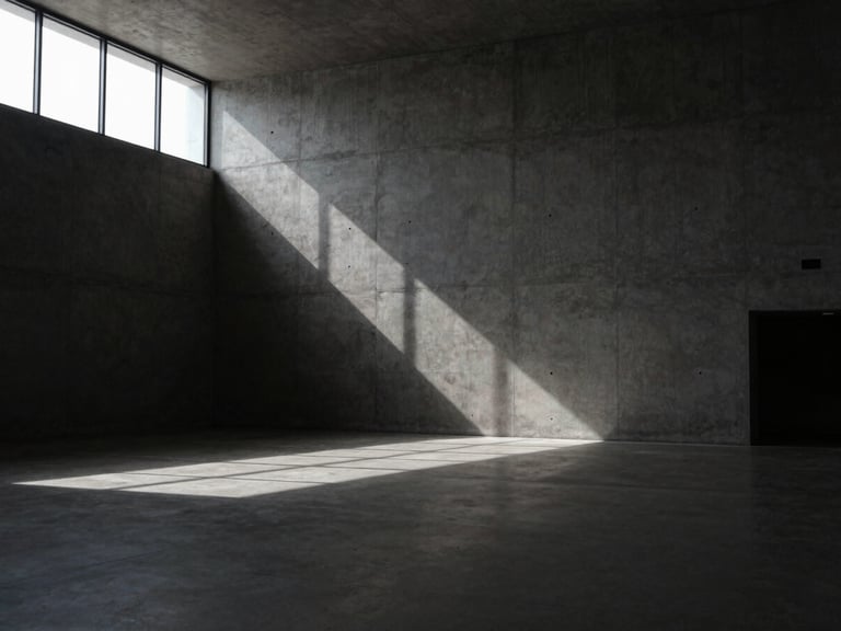 Interior wide-angle shot of a minimalist cultural center, massive raw concrete walls, dramatic natural light from high windows creating harsh shadows on the floor, desaturated charcoal tones.