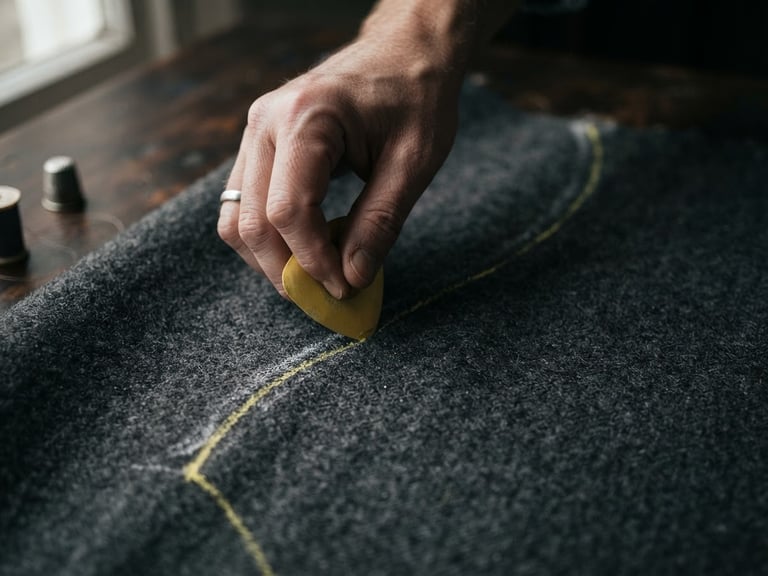 Macro close-up of a tailor's hand using yellow chalk to draw a precise curve on heavy charcoal wool, soft side-lighting from a window, moody editorial style