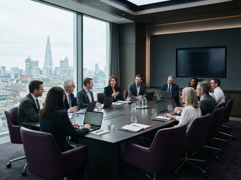 Wide panoramic corporate boardroom with cool natural light, professional interaction, deep purple and charcoal tones, sharp focus, 35mm
