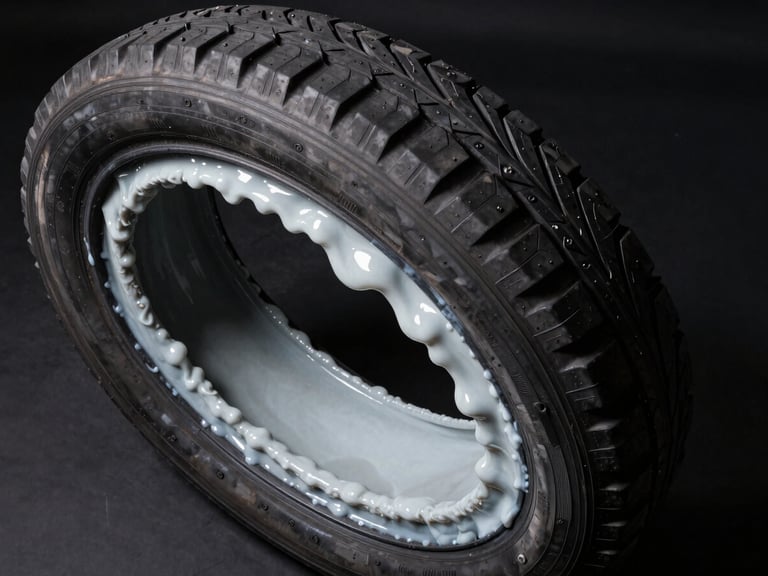 Overhead technical studio shot of tire interior showing liquid sealant compound distributed evenly along the inner rubber wall, thick viscous white-grey fluid coating every surface, harsh directional strobe lighting casting sharp shadows, matte black background