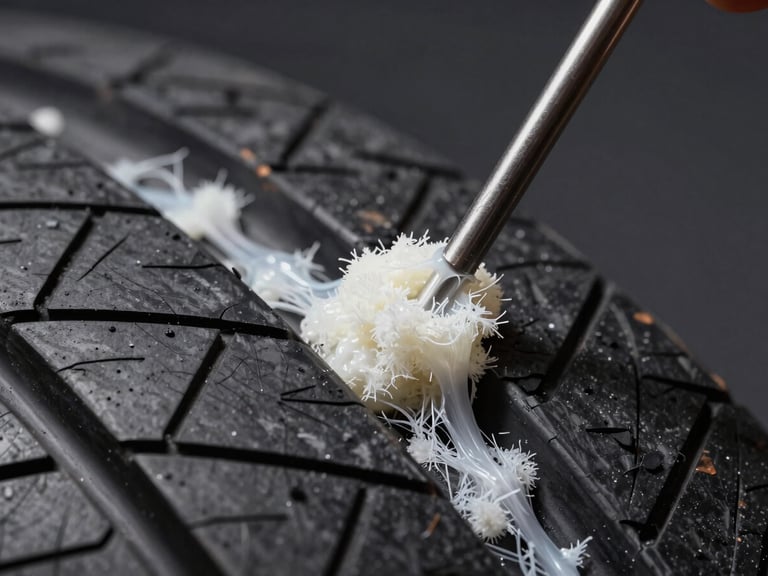 Extreme macro close-up of a nail puncturing a tire tread, sealant compound visibly flowing and sealing around the metal shaft, dense fibrous white compound filling the gap, studio strobe lighting, sharp technical focus, dark matte background