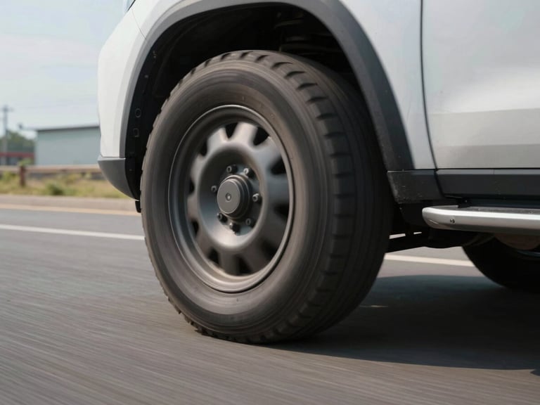 Tracking shot from low angle of a vehicle tire rolling at speed on asphalt, motion blur on surroundings, tire in sharp focus showing tread contact patch, natural daylight, industrial road environment, no people visible