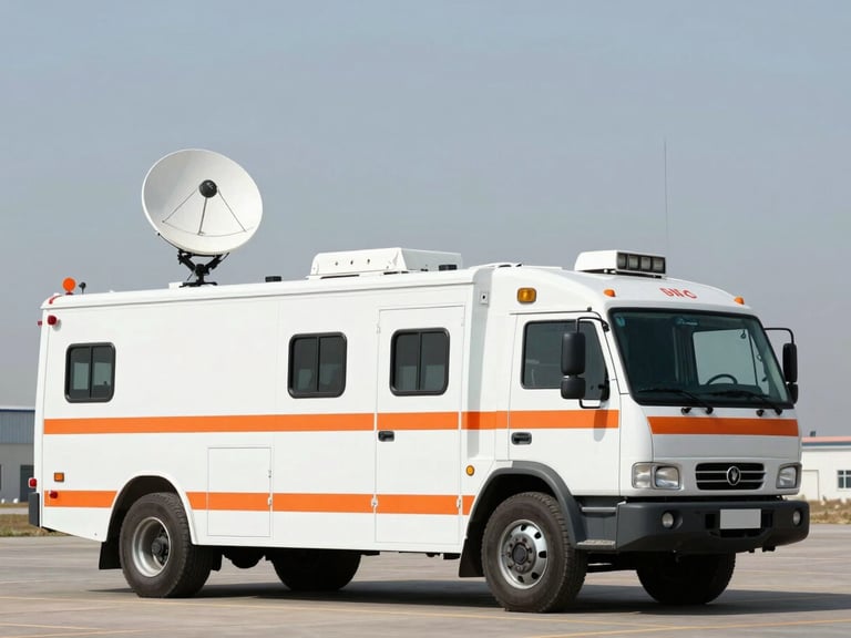 Wide shot of a fully equipped mobile command vehicle with satellite dishes deployed in a clear, high-contrast daylight setting, cool muted tones with orange accents, sharp focus, 35mm lens