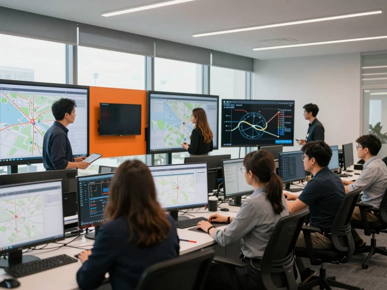 Interior shot of a structured, modern office environment at Annapolis headquarters, showing team members collaborating around large screens with maps and data, high-contrast daylight, cool muted tones, sharp focus, 35mm lens