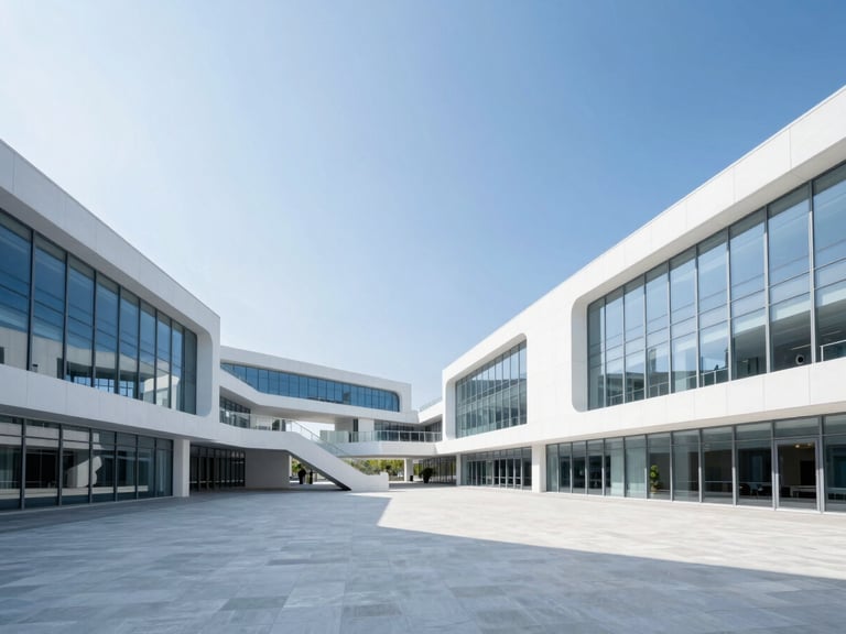 Bright environmental architectural photo of a modern mixed-use plaza in crisp morning daylight, high-key, clean white concrete and glass structures, wide-angle lens