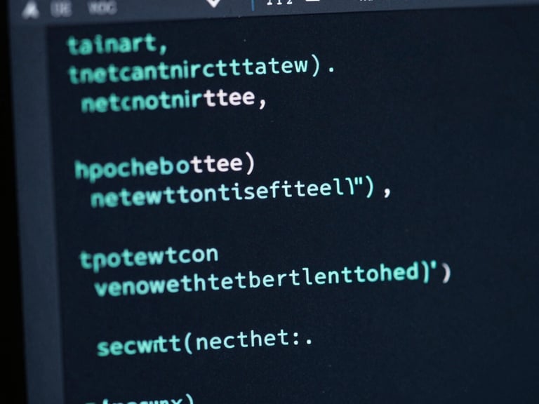 Macro close-up of clean code on a high-resolution screen, electric teal syntax highlighting, dark slate background, moody studio light, 35mm