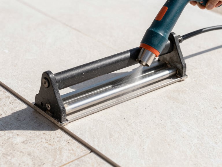 A close-up shot of a professional tile cutter slicing through a large format ceramic tile, a vacuum extraction nozzle attached to the blade, fine dust being instantly captured, bright natural daylight, crisp focus