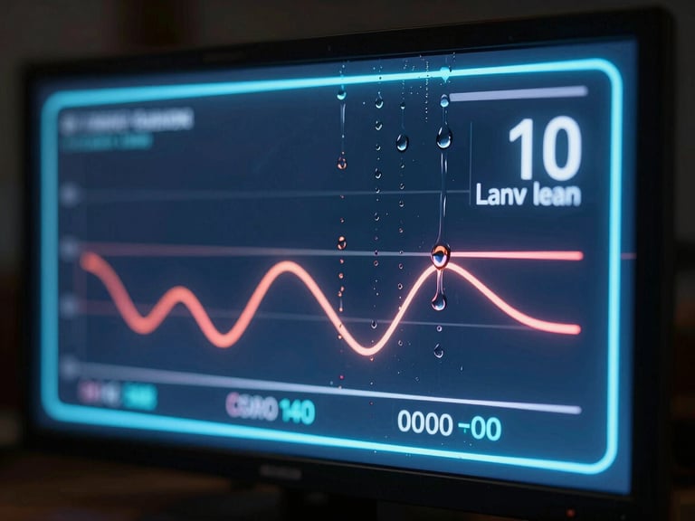 Macro shot of a beautiful weather dashboard with realistic fluid physics, raindrops sliding down a neon-lit screen