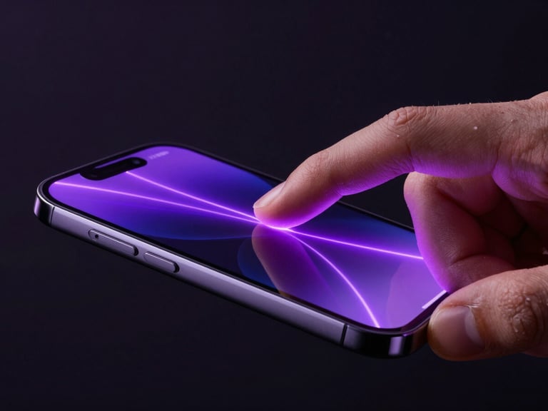 Macro high-fidelity shot of a hand interacting with a curved mobile screen, electric violet neon trails tracing the finger swipe, dark studio lighting