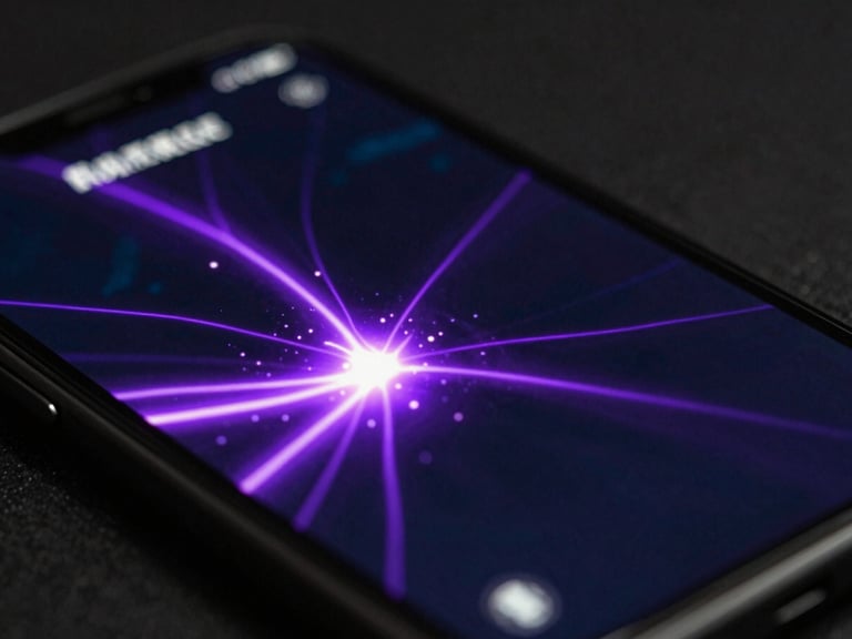Extreme close-up of a mobile game interface on a phone screen, neon violet energy trails, dynamic action, low-key lighting, macro lens