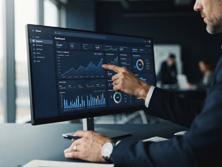 Modern office environment with soft natural light, a professional's hands pointing to a clean financial dashboard on a screen, shallow depth of field, deep navy and slate tones.
