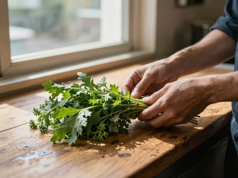 Close-up of two hands examining a bundle of fresh herbs on a worn wooden counter inside a small restaurant kitchen, north-facing window light falling across the table, natural shadows, no flash