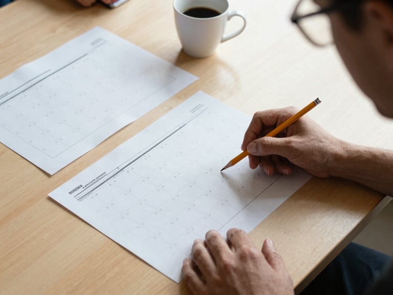 Overhead view of a planning session on a pale wooden table — printed content calendar sheets, a coffee cup, a hand holding a pencil mid-annotation, natural daylight from the side, candid and unposed