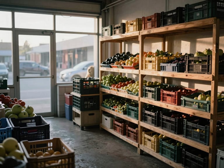 Wide shot of a market stall interior at early morning, empty crates and wooden shelves lit by diffused daylight through a glass door, produce arranged mid-setup, honest and unhurried atmosphere
