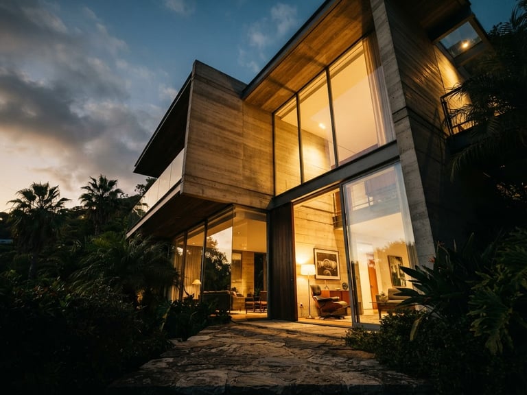 Low-angle architectural exterior of a modern concrete and glass villa facade at golden hour, dramatic shadows, warm ambient lights, 35mm photography