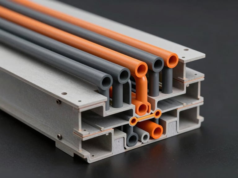Full-frame BIM model cross-section on a dark background showing electrical conduits, hydraulic pipes and structural beams in distinct color channels, highlighted clash markers in orange at intersection points, rendered in clean studio lighting with no ambient blur
