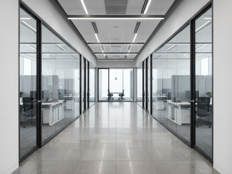 Symmetrical architectural shot of a modern minimalist office with clean-lined glass and aluminum partitions, sharp focus, bright white daylight, grey and charcoal tones
