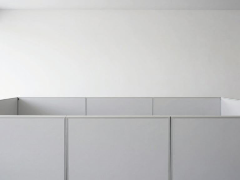 Straight-on architectural shot of a clean minimalist office partition wall showing integrated cable channels, elegant grey finishes