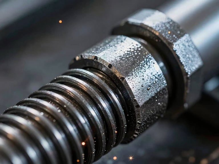 Macro close-up of thick-gauge steel threads on an adjustable shoring jack, high-contrast industrial lighting with metallic glints, sharp focus on the adjustment collar, 35mm.