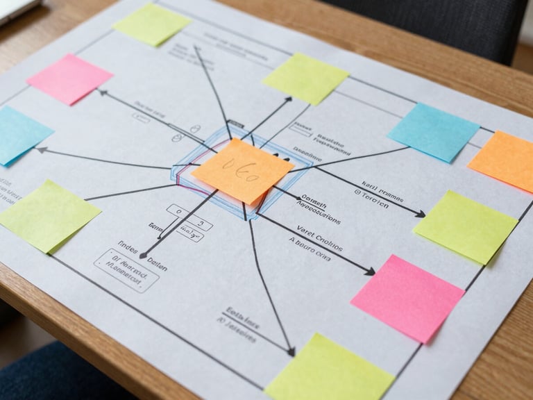 Overhead shot of a large printed system mapping canvas on a wooden table, with colorful sticky notes and hand-drawn connections in bright daylight