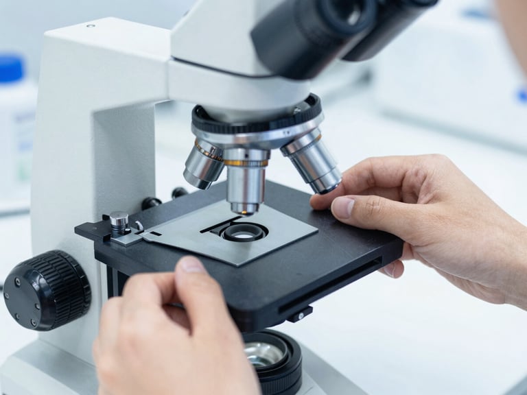 Close-up of hands adjusting a high-end microscope slide in a sterile, bright white laboratory with blue-grey slate accents, sharp focus, clinical photography.