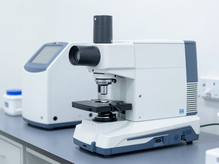 Clean bright clinical laboratory with modern diagnostic equipment, white high-key lighting, sterile blue and slate tones, sharp focus, 35mm lens