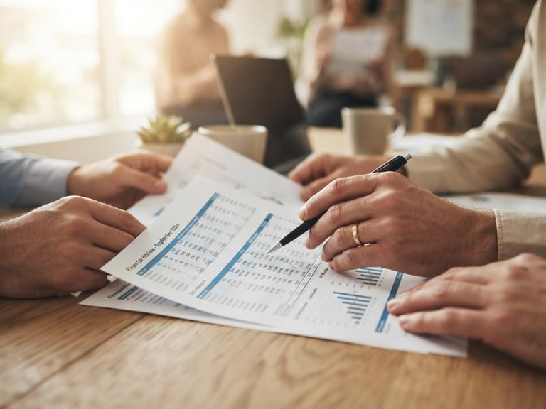 Close up of hands reviewing financial documents on a modern wooden desk, warm morning light, shallow depth of field, professional and authentic