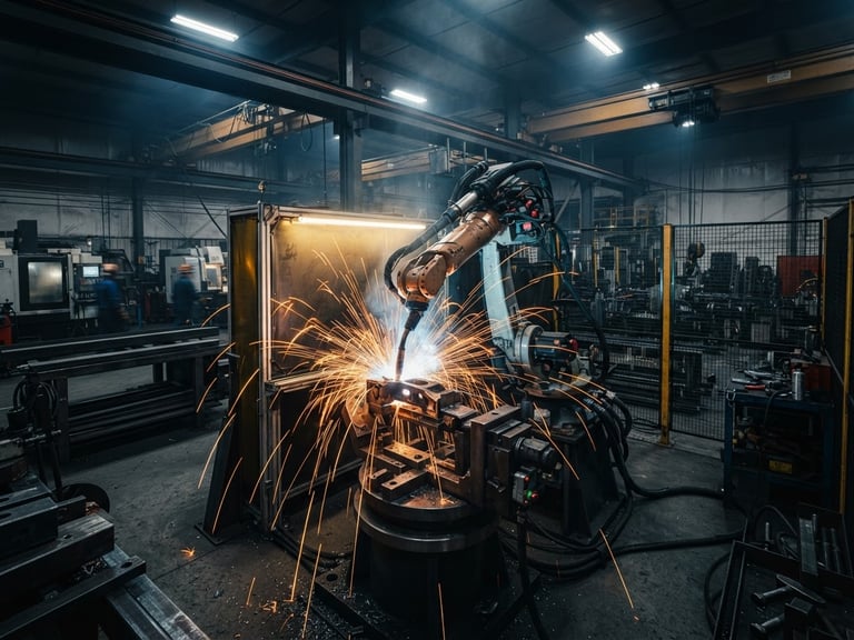 Wide panoramic shot of a precision CNC machine in action, sparks flying from robotic welding, high-contrast industrial workshop lighting, cool metallic tones with warm amber sparks, sharp focus, 35mm lens.