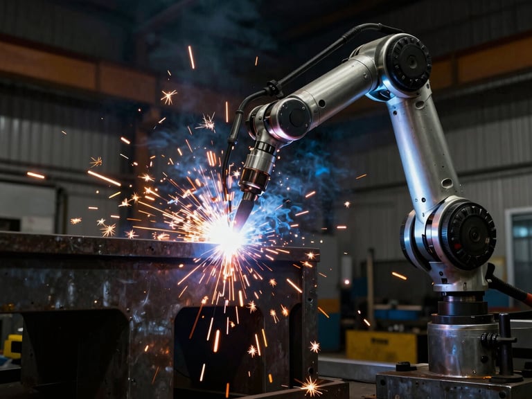 Dramatic shot of a robotic arm performing arc welding on a large metal structure, bright orange sparks illuminating the dark workshop, high-contrast, cool metallic tones, sharp focus, 35mm lens.
