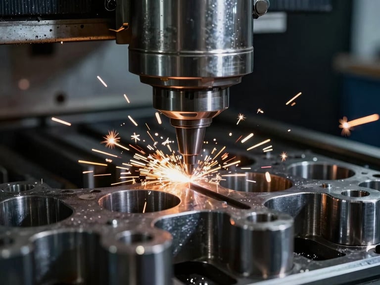 Close-up macro shot of a CNC machine cutting a complex metal component, sparks flying, cool metallic tones, dramatic industrial workshop lighting, sharp focus, 35mm lens.