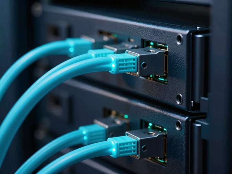 Close-up macro of a high-performance server rack with glowing electric cyan fiber-optic cables, dark slate metallic chassis, cool technical photography, sharp focus
