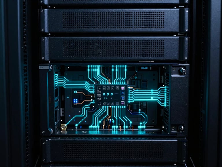 Cool technical photography of server rack circuits with glowing electric cyan lights, low-key server room lighting, deep slate tones, macro lens, sharp focus