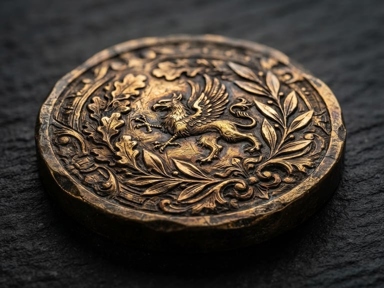 Macro photography of a heavy bronze medal with deep hand-polished engravings, dramatic side-lighting, dark slate background, shallow depth of field