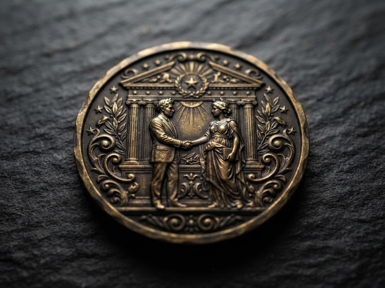 Macro product photography of a heavy bronze corporate medal with deep 3D engraving, resting on dark slate, dramatic side-lighting, metallic reflections, 85mm lens, shallow depth of field