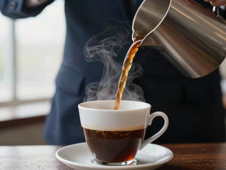 Close-up of freshly brewed coffee being poured into an elegant cup, steam rising, rich espresso brown tones, bright natural morning light, shallow depth of field, professional corporate catering.