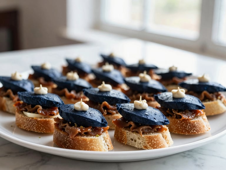 Stylized shot of gourmet savory bocadillos and mini-sandwiches on a white platter, ready to serve, bright natural morning light, deep navy and rich brown tones, shallow depth of field, professional corporate catering.