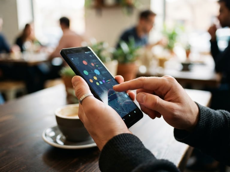 Close-up of hands interacting with a clean Android app interface on a smartphone, natural daylight, cafe setting, shallow depth of field, 35mm.