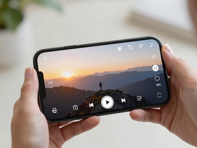Android device mockup showing a video playing in a clean media player interface, vibrant colors, hands holding device, soft natural daylight, shallow depth of field, 35mm.