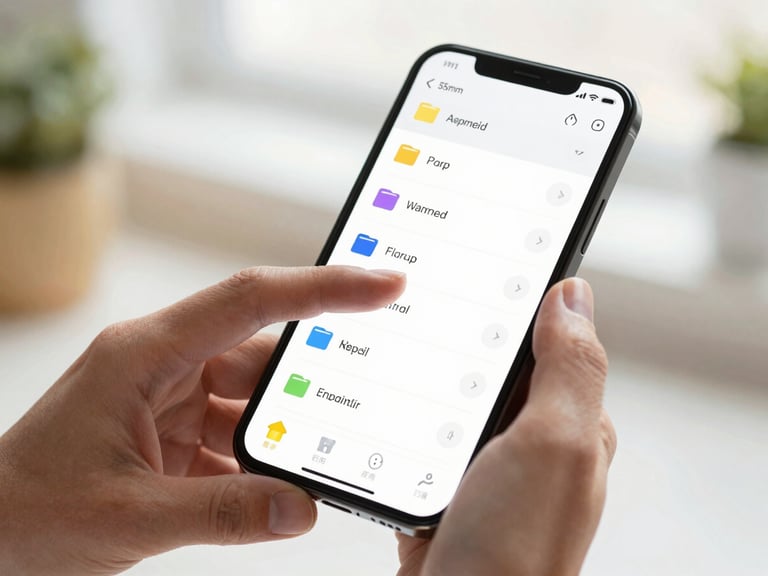 Close-up of hands interacting with an Android device mockup showing a clean file manager interface with clear folder icons, soft natural daylight, shallow depth of field, 35mm.