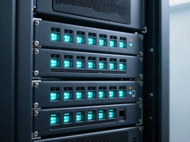 Close-up of secure network hardware in a server rack with cool cyan status lights glowing in a dark data center, 35mm photography