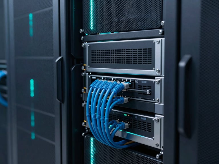 Professional local business server environment with clean cable management, cool cyan ambient glow, sharp focus, 35mm