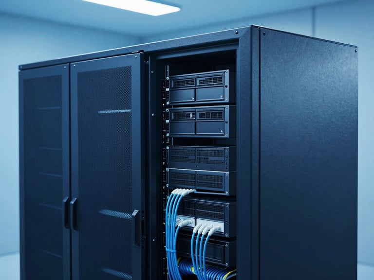 Clean server room with structured cabling and backup storage arrays under crisp blue studio lighting, professional tech photography