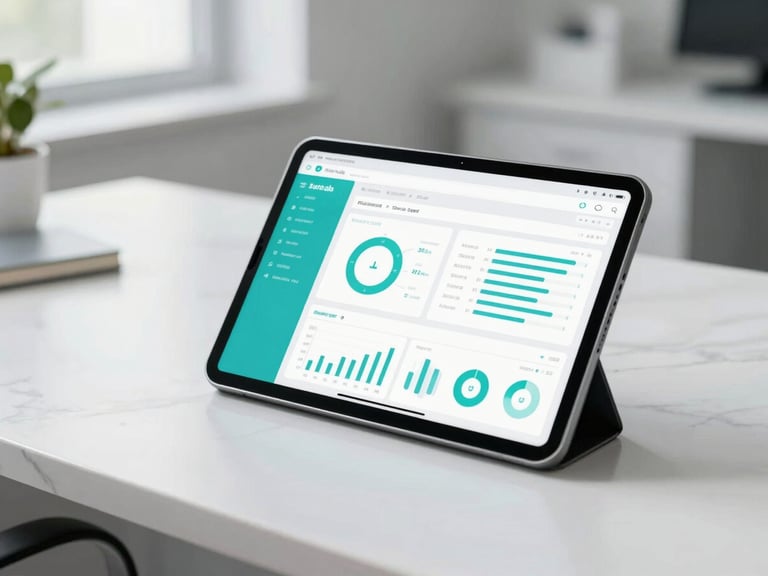 A close-up of a modern tablet displaying a clean financial dashboard with cyan metrics, resting on a pristine white marble desk in a bright, daylight-filled medical office.